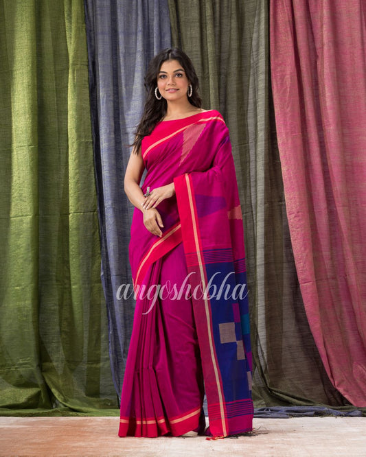 Rani Pink Cotton Blend Temple Border Jamdani Saree angoshobha