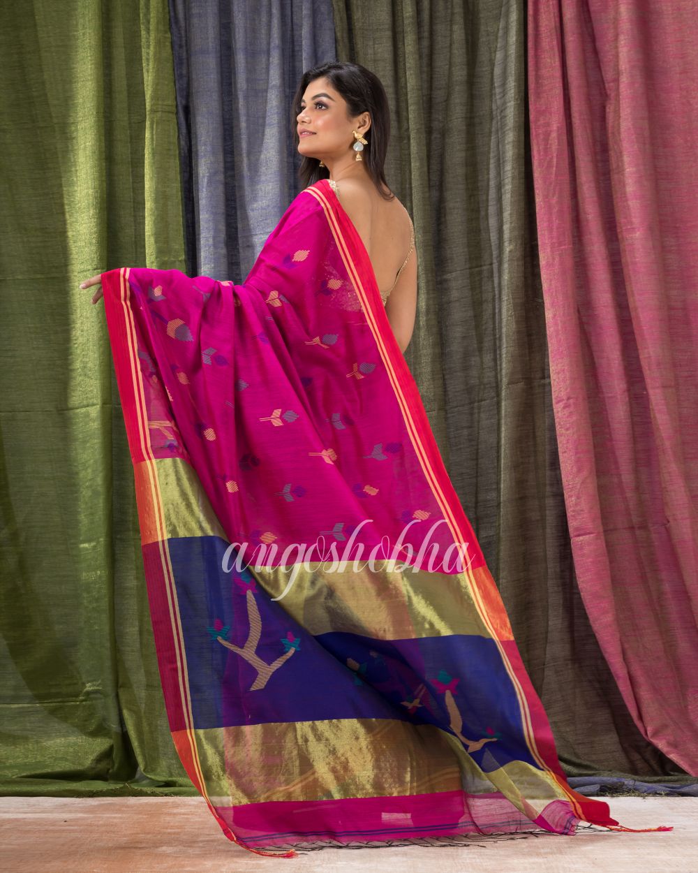 Rani Pink Cotton Blend Traditional Jamdani Saree angoshobha