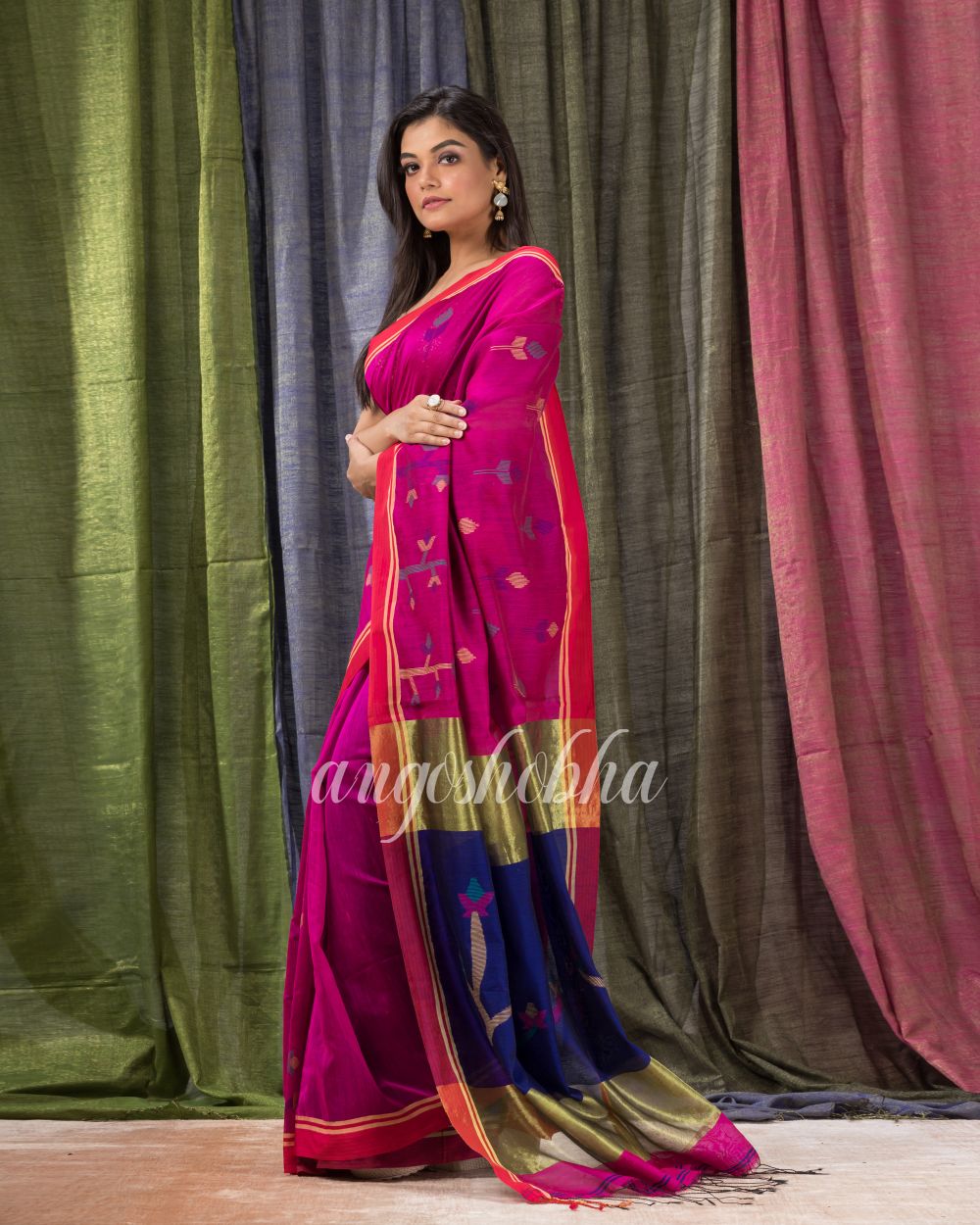 Rani Pink Cotton Blend Traditional Jamdani Saree angoshobha