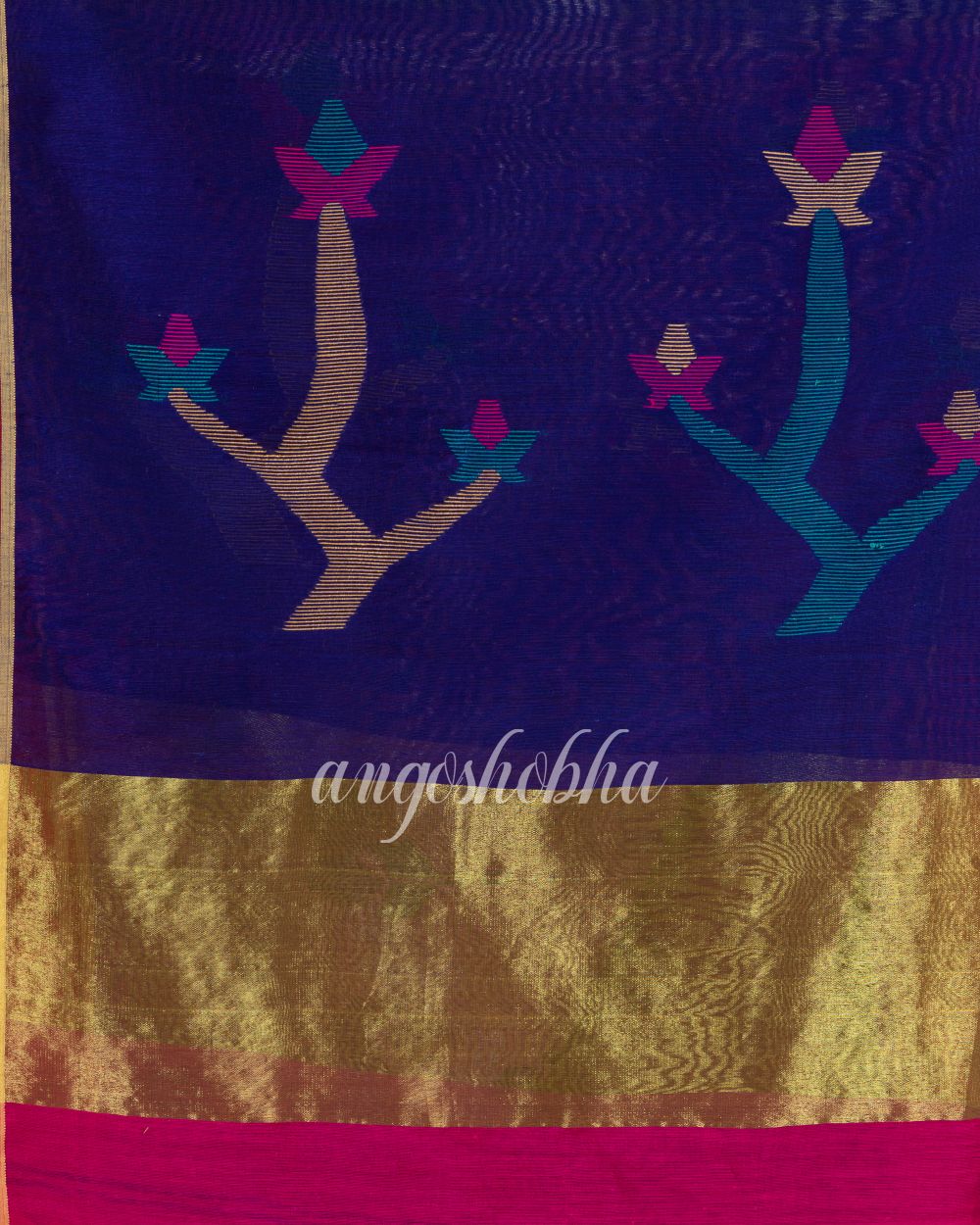 Rani Pink Cotton Blend Traditional Jamdani Saree angoshobha