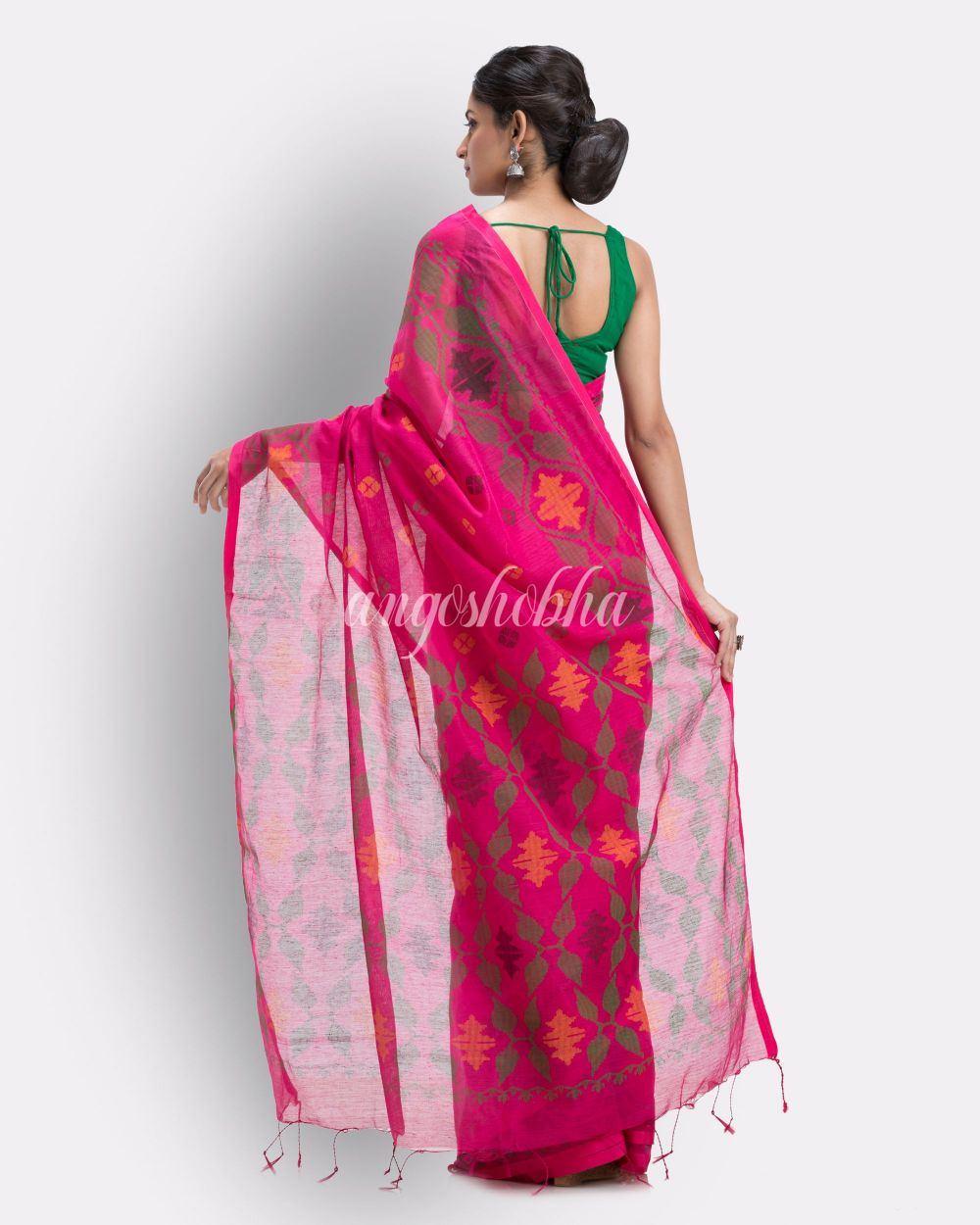 Rani Pink Handloom Printed Cotton blend Saree angoshobha