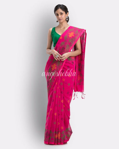 Rani Pink Handloom Printed Cotton blend Saree angoshobha