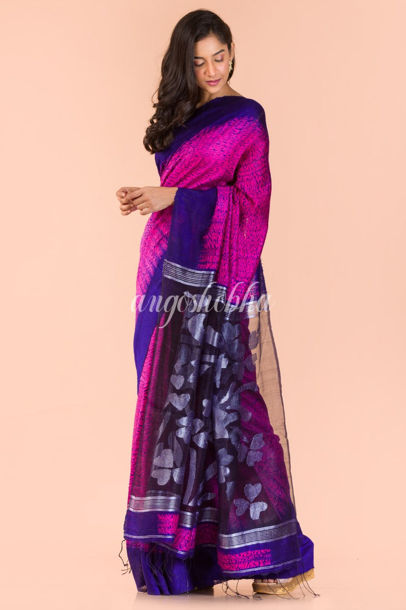 Rani Pink Matka Silk Jamdani Saree