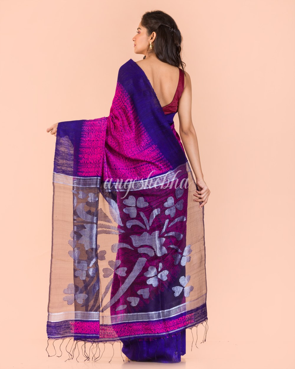 Rani Pink Matka Silk Jamdani Saree angoshobha