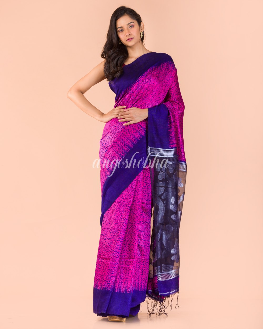 Rani Pink Matka Silk Jamdani Saree angoshobha