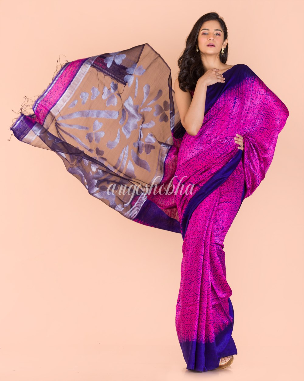 Rani Pink Matka Silk Jamdani Saree angoshobha