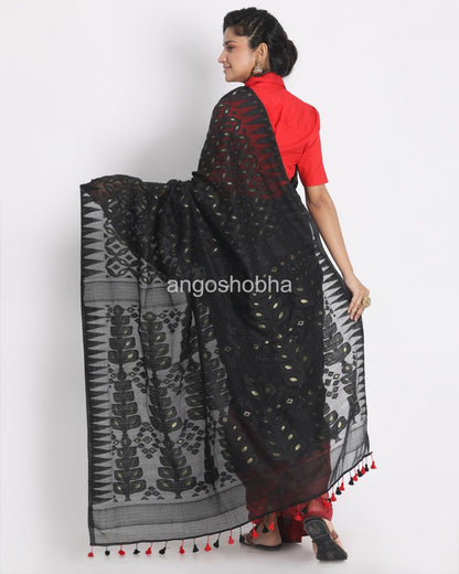 Red Black Cotton Silk Jamdani Saree angoshobha