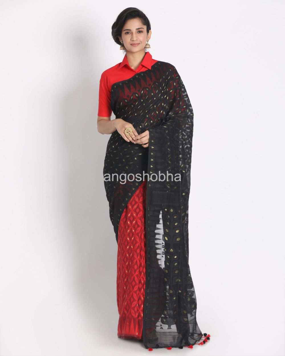 Red Black Cotton Silk Jamdani Saree angoshobha