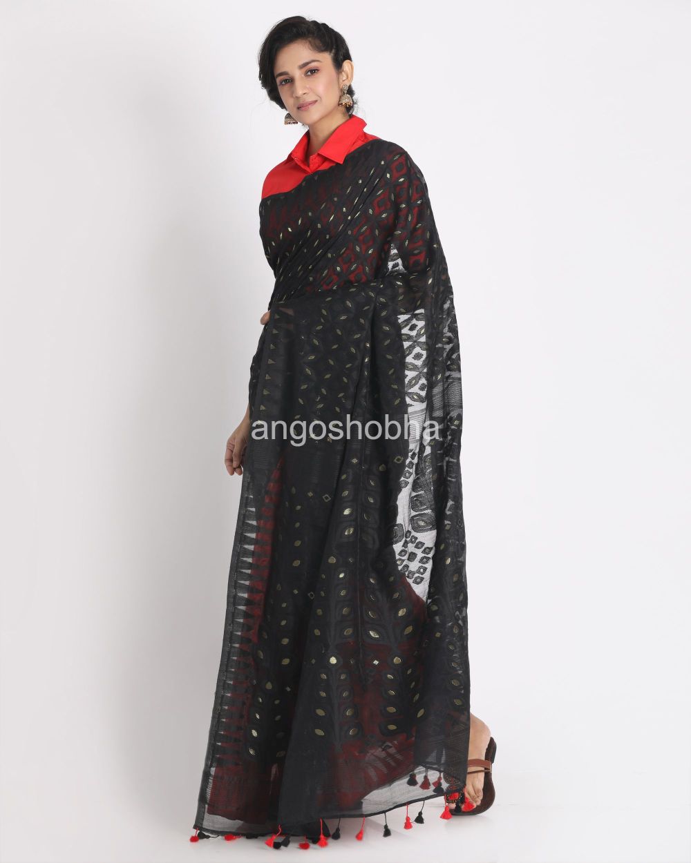 Red Black Cotton Silk Jamdani Saree angoshobha