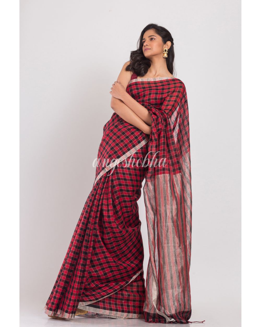 Red Black Stripes Linen Saree angoshobha