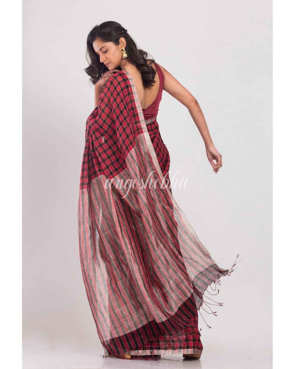 Red Black Stripes Linen Saree angoshobha