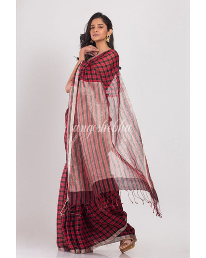 Red Black Stripes Linen Saree angoshobha