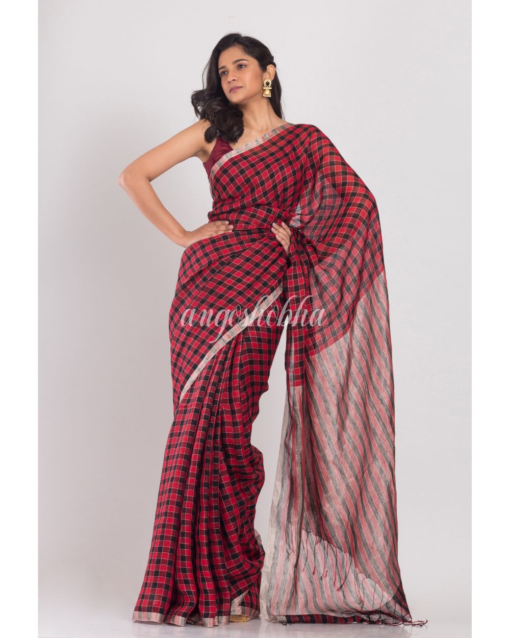 Red Black Stripes Linen Saree angoshobha