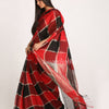 Red Black Traditional Check Linen Handloom Saree angoshobha