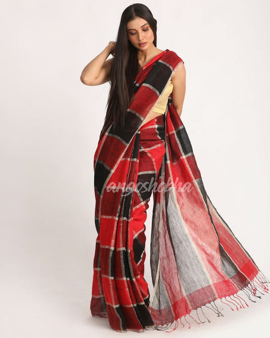 Red Black Traditional Check Linen Handloom Saree angoshobha