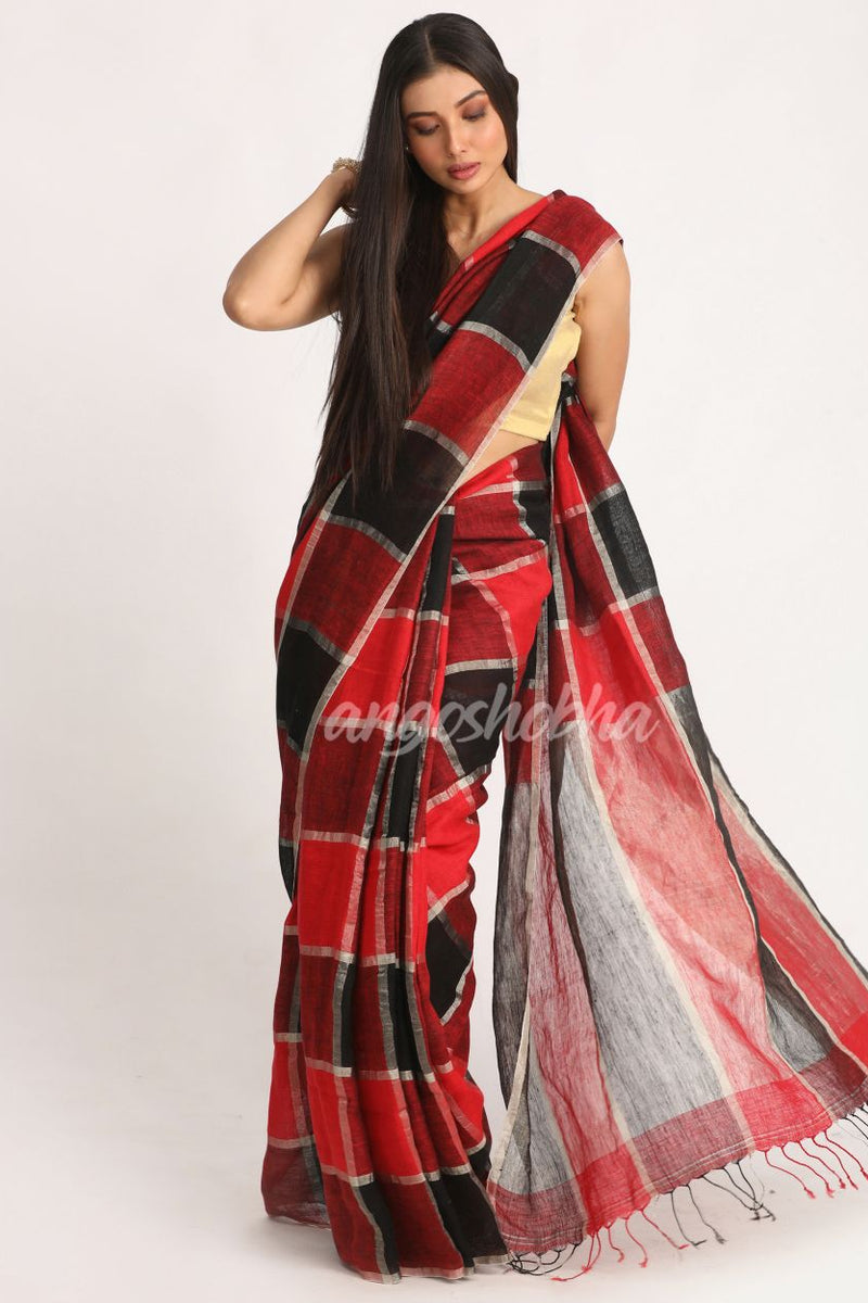 Red Black Traditional Check Linen Handloom Saree