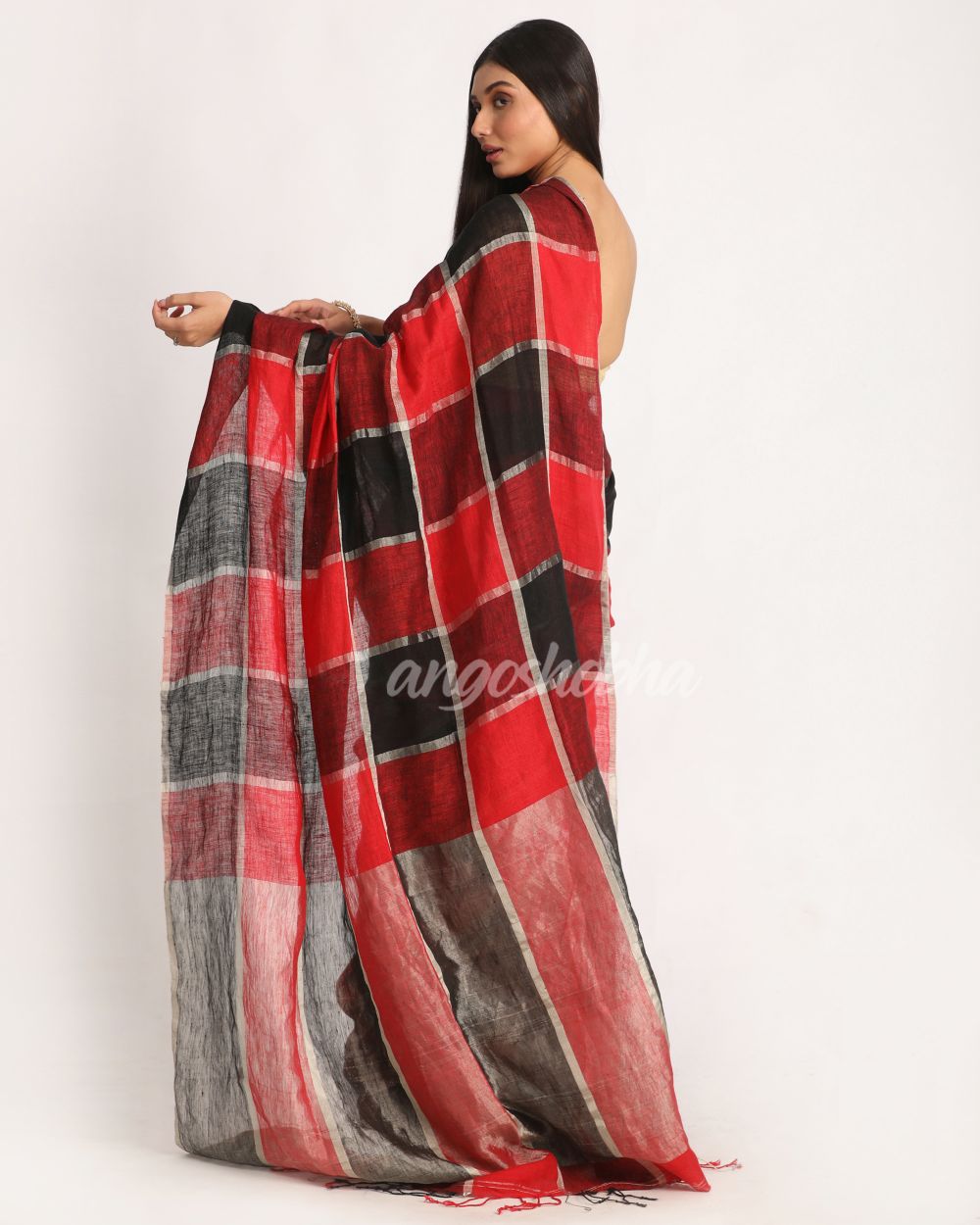 Red Black Traditional Check Linen Handloom Saree angoshobha