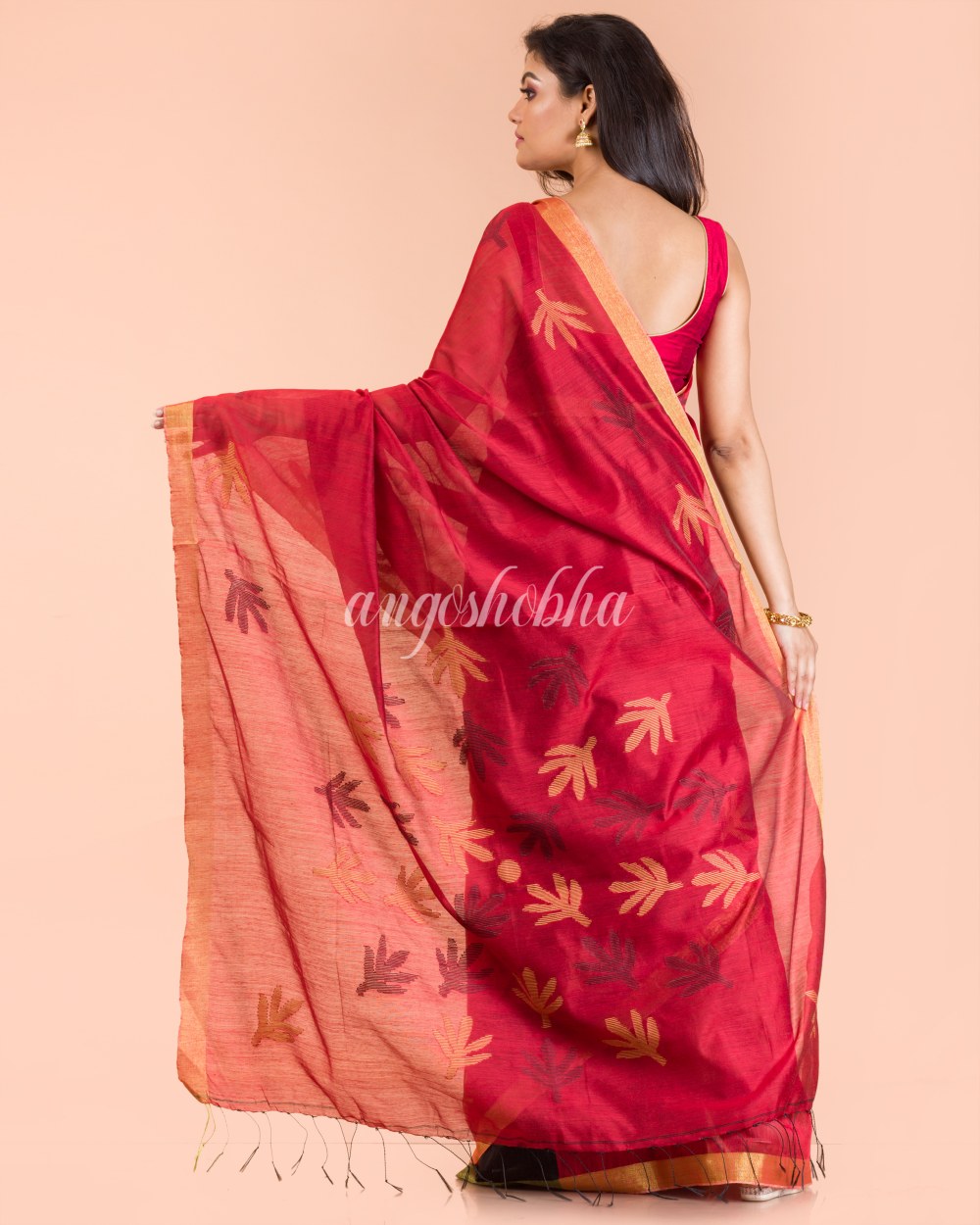 Red Blended Cotton Jamdani Saree angoshobha