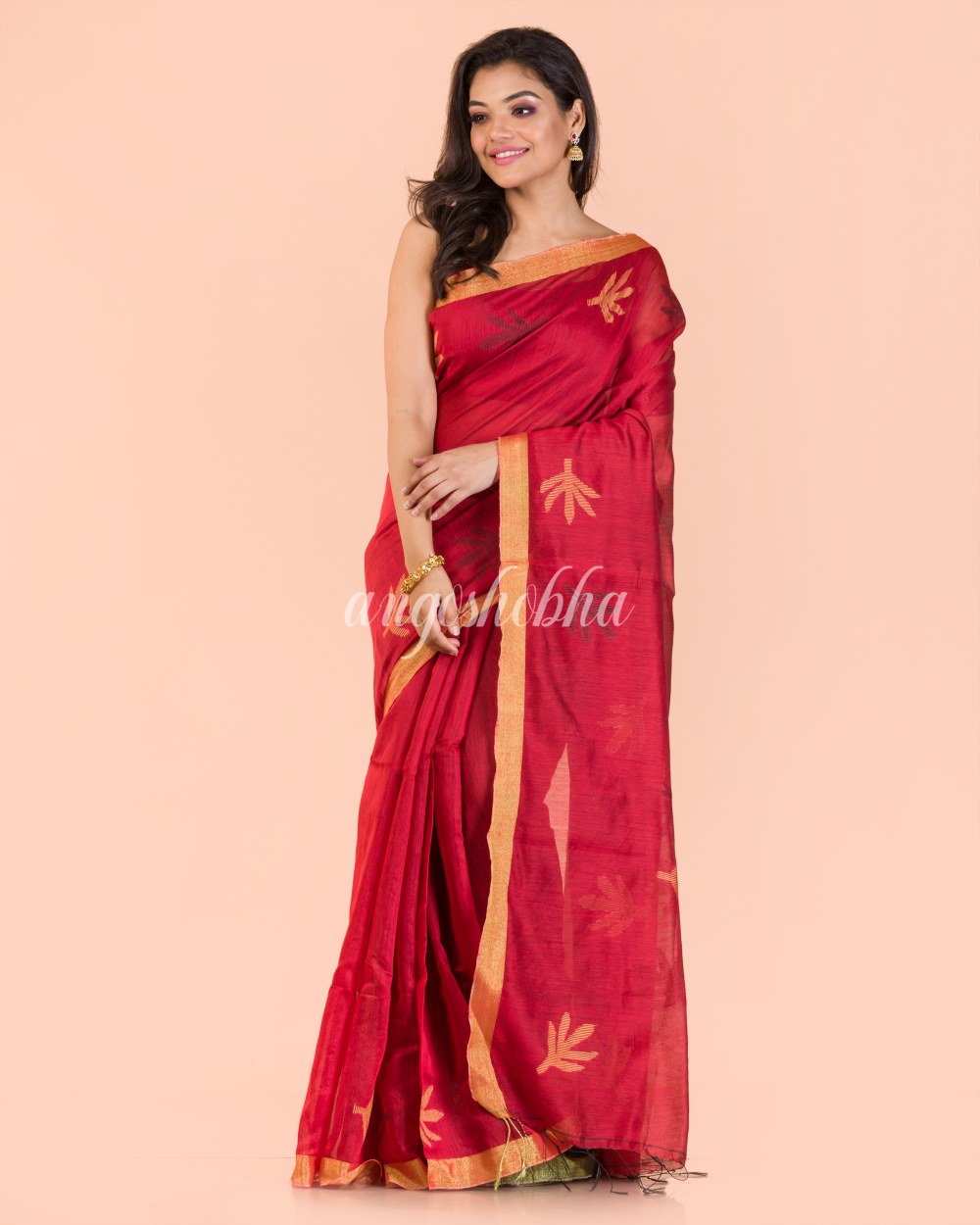 Red Blended Cotton Jamdani Saree angoshobha