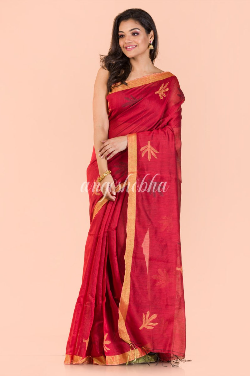 Red Blended Cotton Jamdani Saree