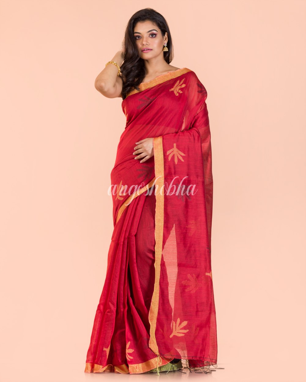 Red Blended Cotton Jamdani Saree angoshobha