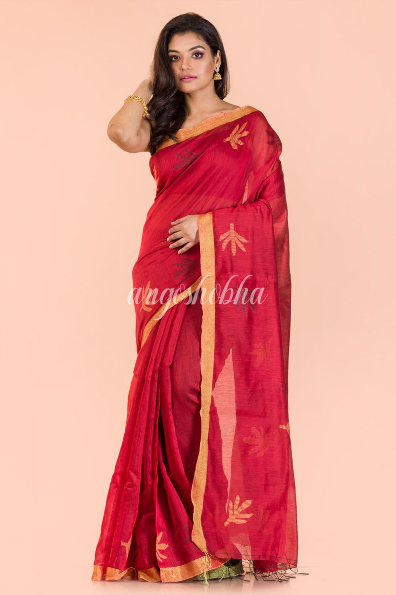 Red Blended Cotton Jamdani Saree