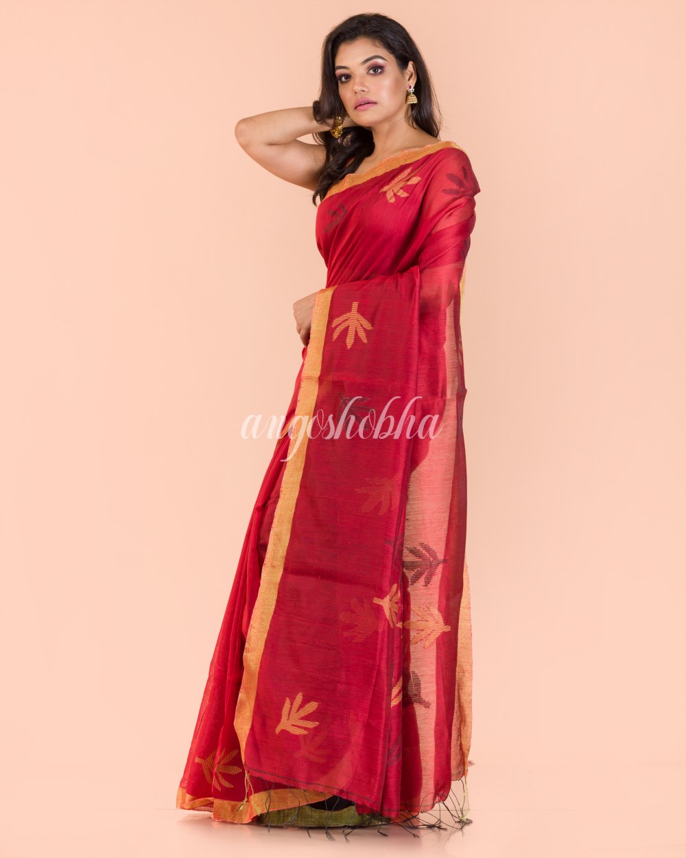 Red Blended Cotton Jamdani Saree angoshobha