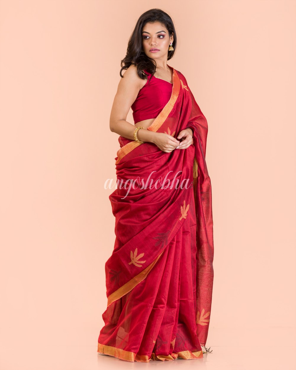 Red Blended Cotton Jamdani Saree angoshobha