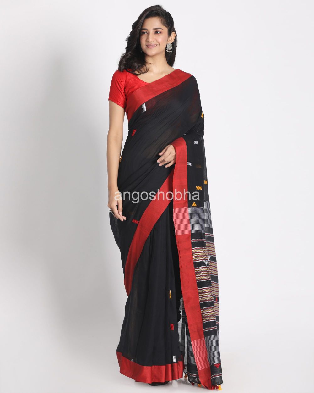 Red Border Black Cotton Handloom angoshobha