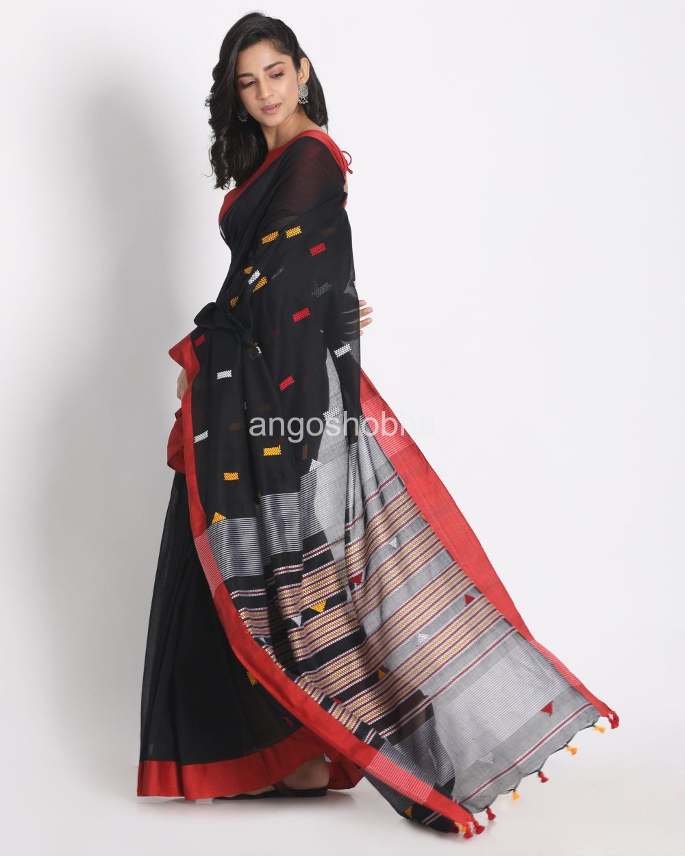 Red Border Black Cotton Handloom angoshobha