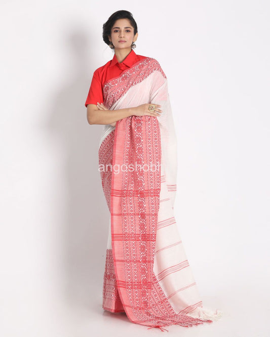 Red Border White Begampuri Handspan Cotton Saree angoshobha