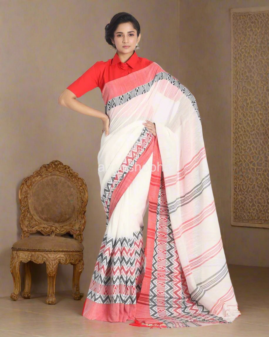 Red Border White Begampuri Handspun Cotton Saree angoshobha