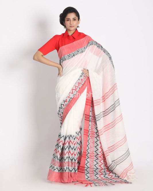 Red Border White Begampuri Handspun Cotton Saree angoshobha