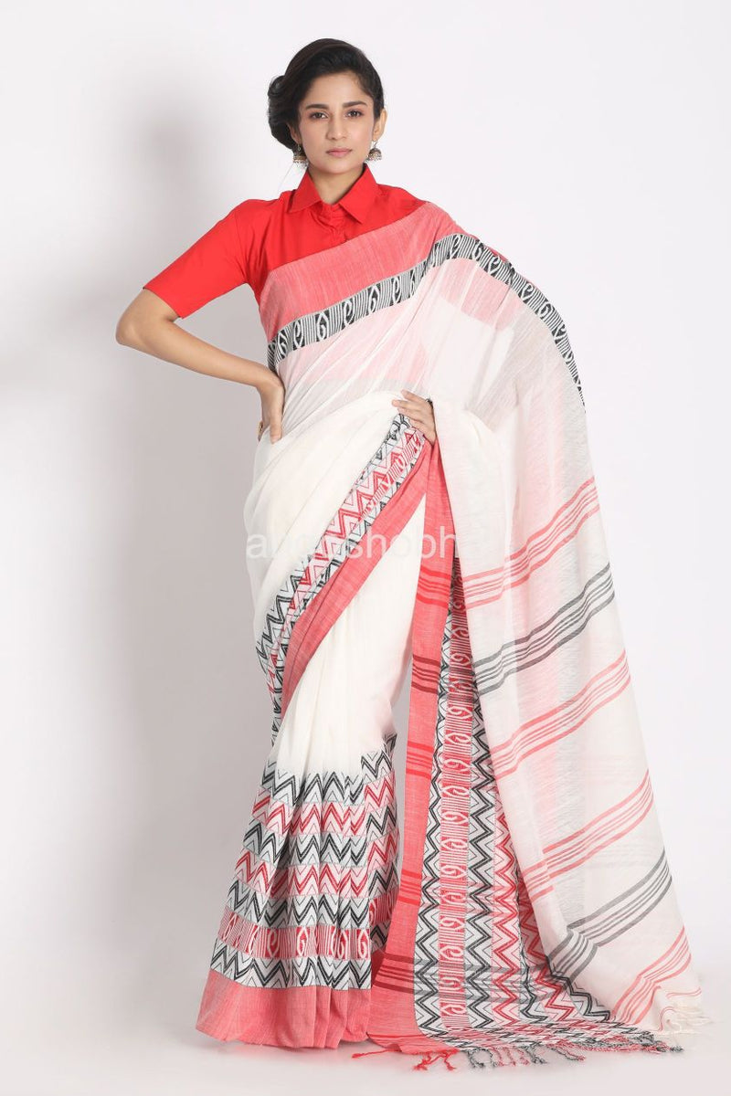 Red Border White Begampuri Handspun Cotton Saree