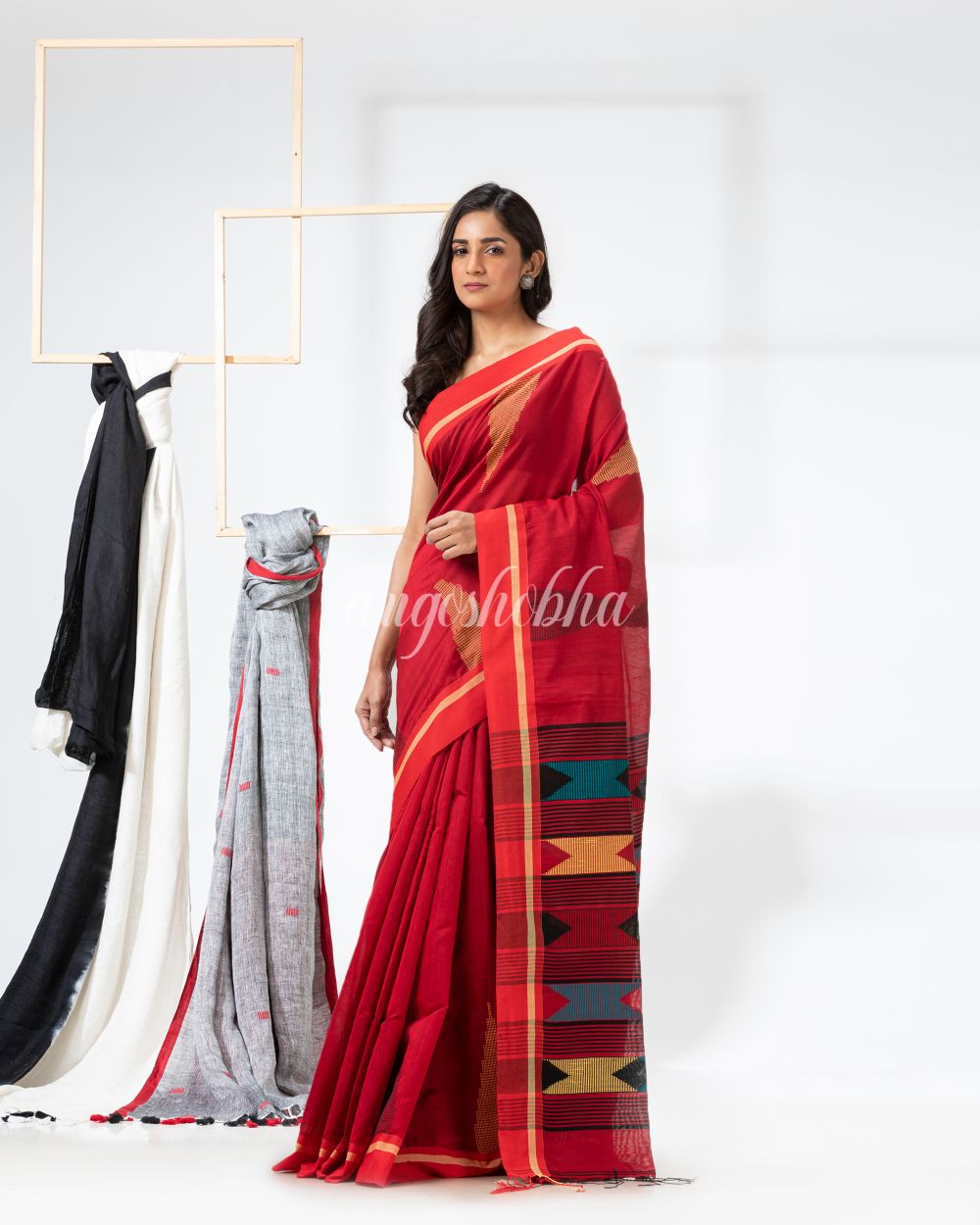 Red Cotton Blend Festive Jamdani Saree angoshobha