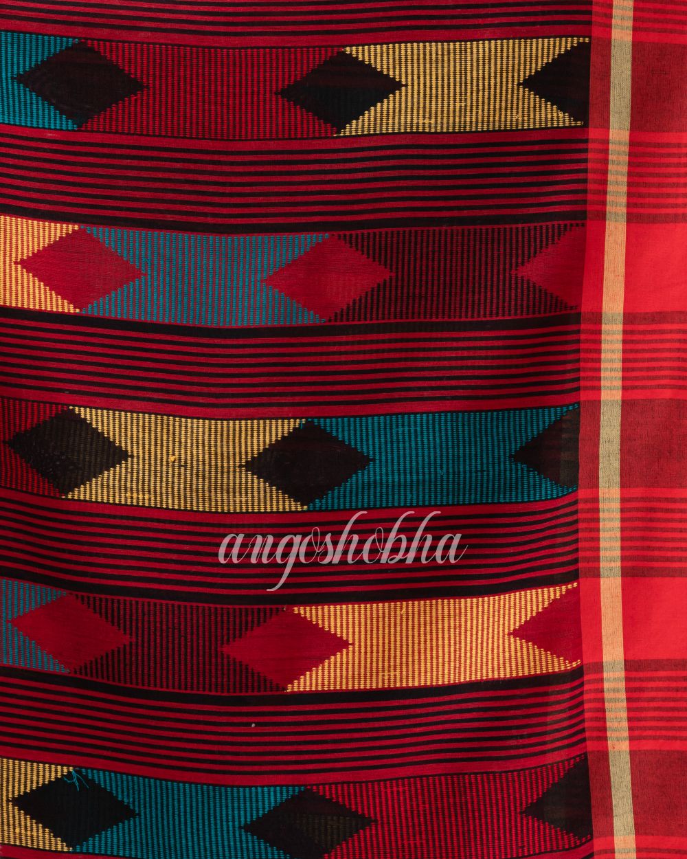 Red Cotton Blend Festive Jamdani Saree angoshobha