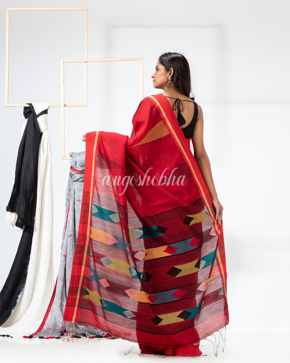 Red Cotton Blend Festive Jamdani Saree angoshobha