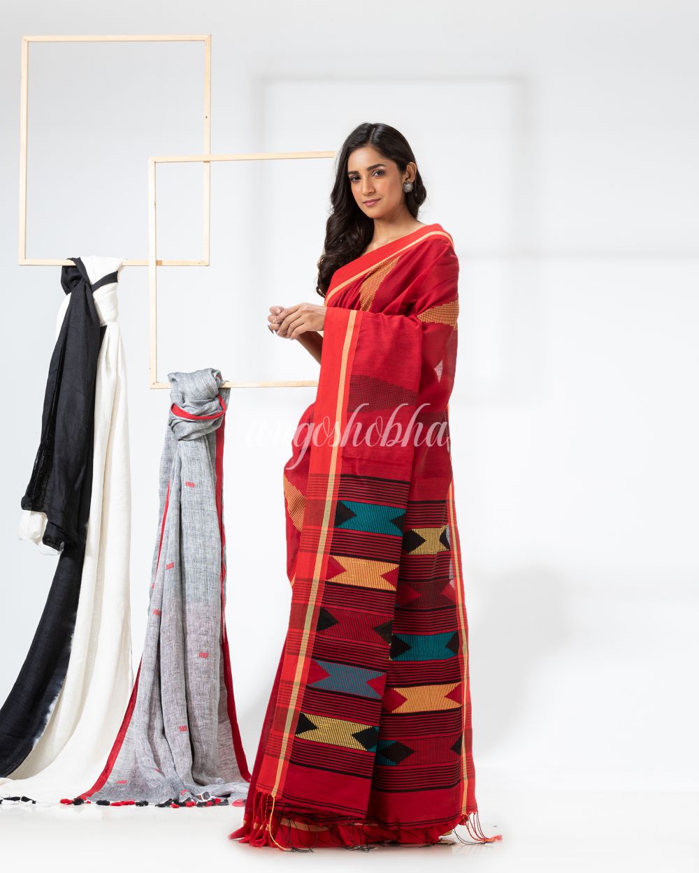 Red Cotton Blend Festive Jamdani Saree angoshobha