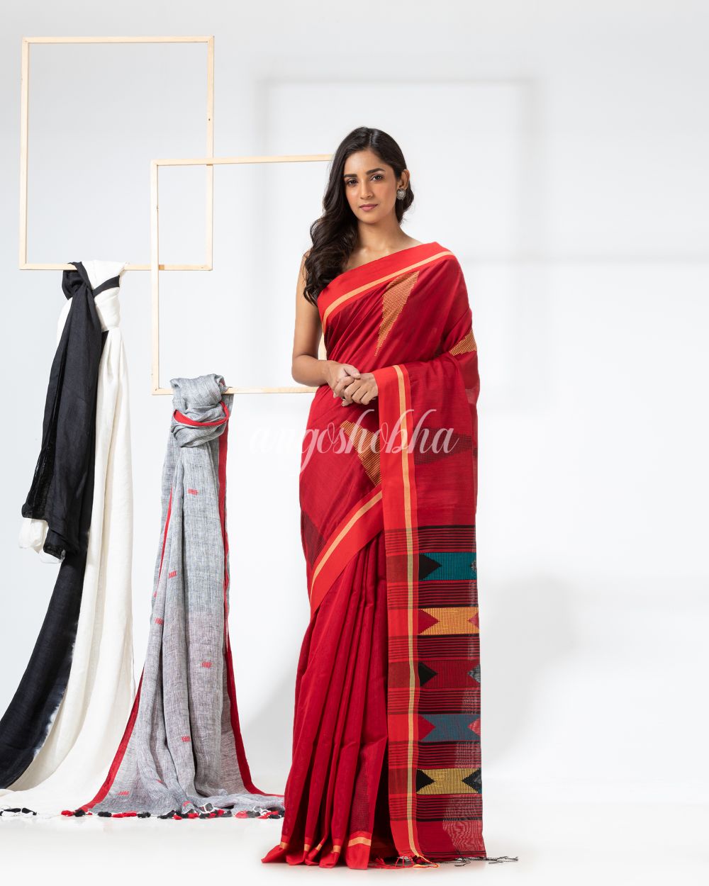 Red Cotton Blend Festive Jamdani Saree angoshobha