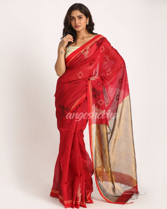 Red Cotton Blend Handloom Jamdani Saree angoshobha