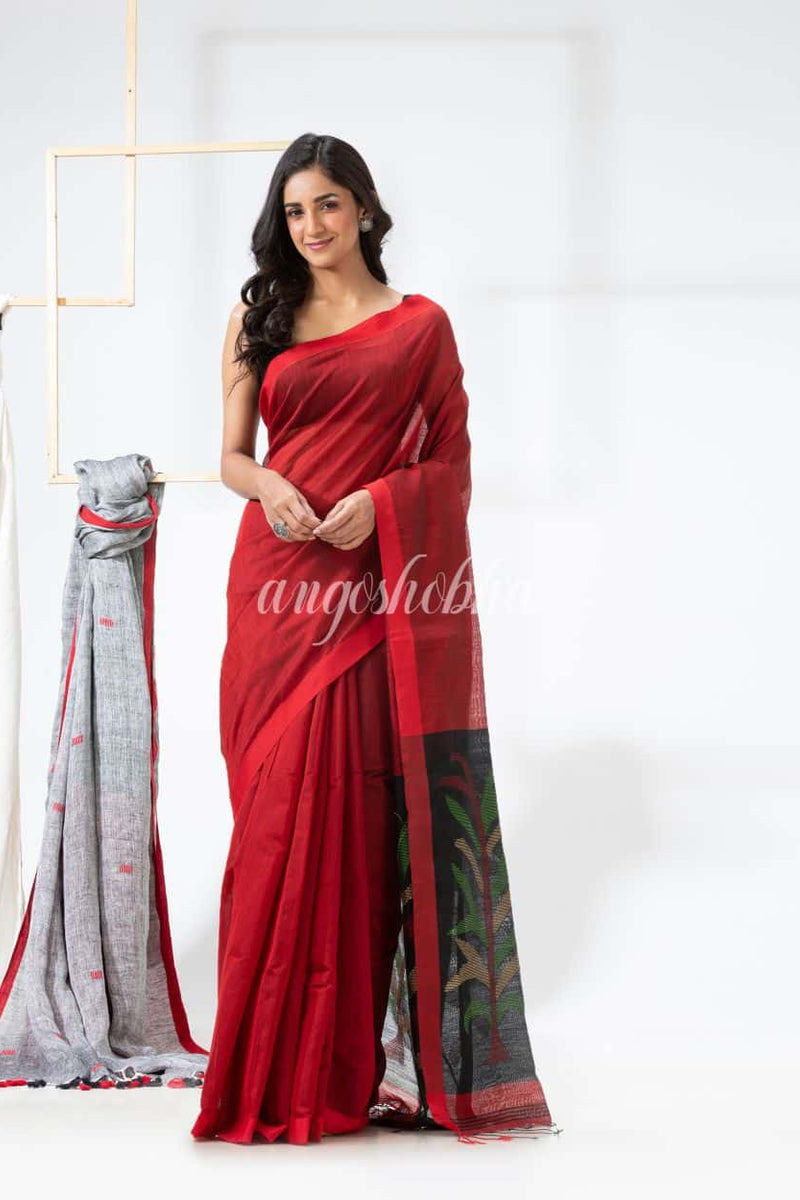 Red Cotton Blend Handloom Jamdani Saree