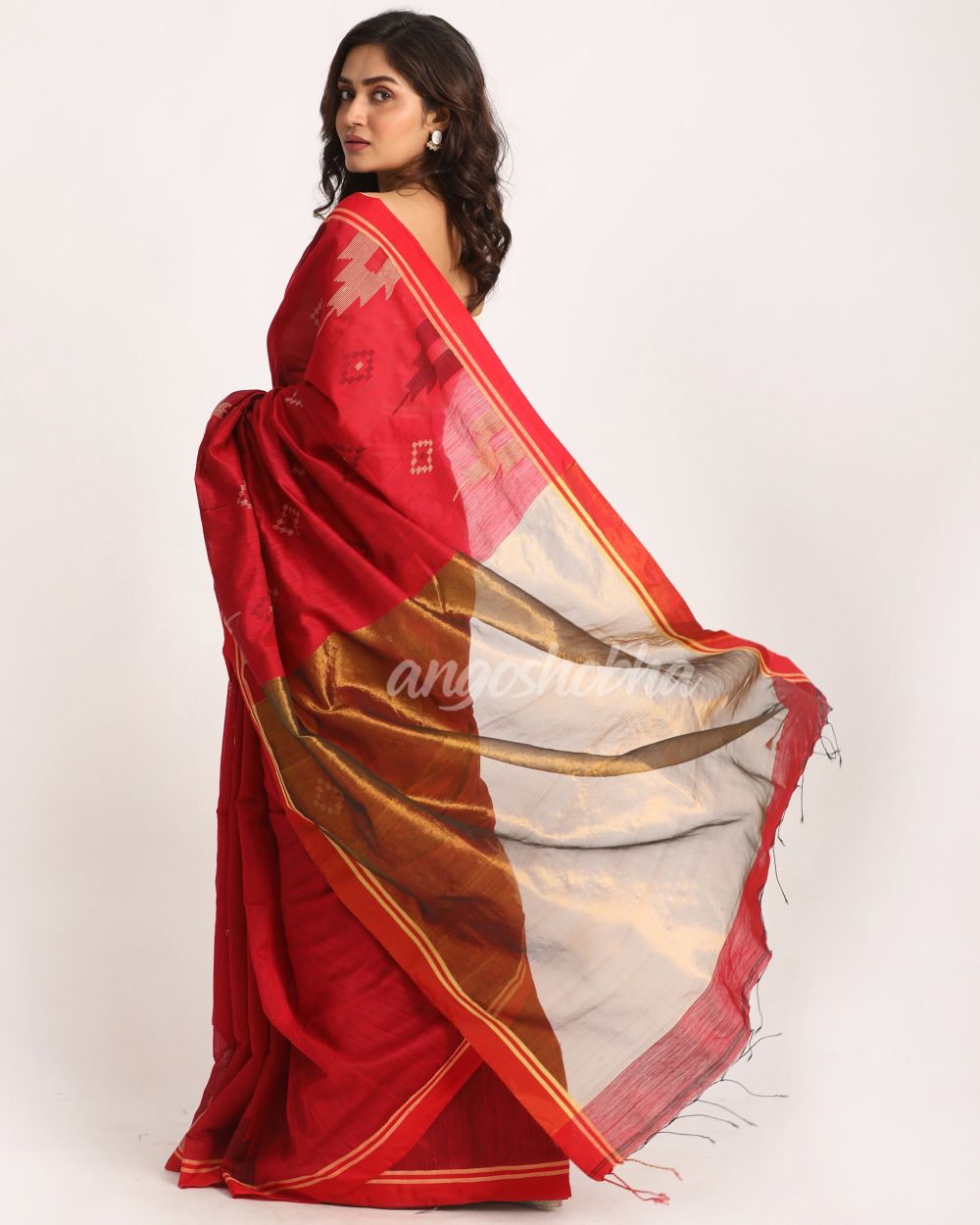 Red Cotton Blend Handloom Jamdani Saree angoshobha