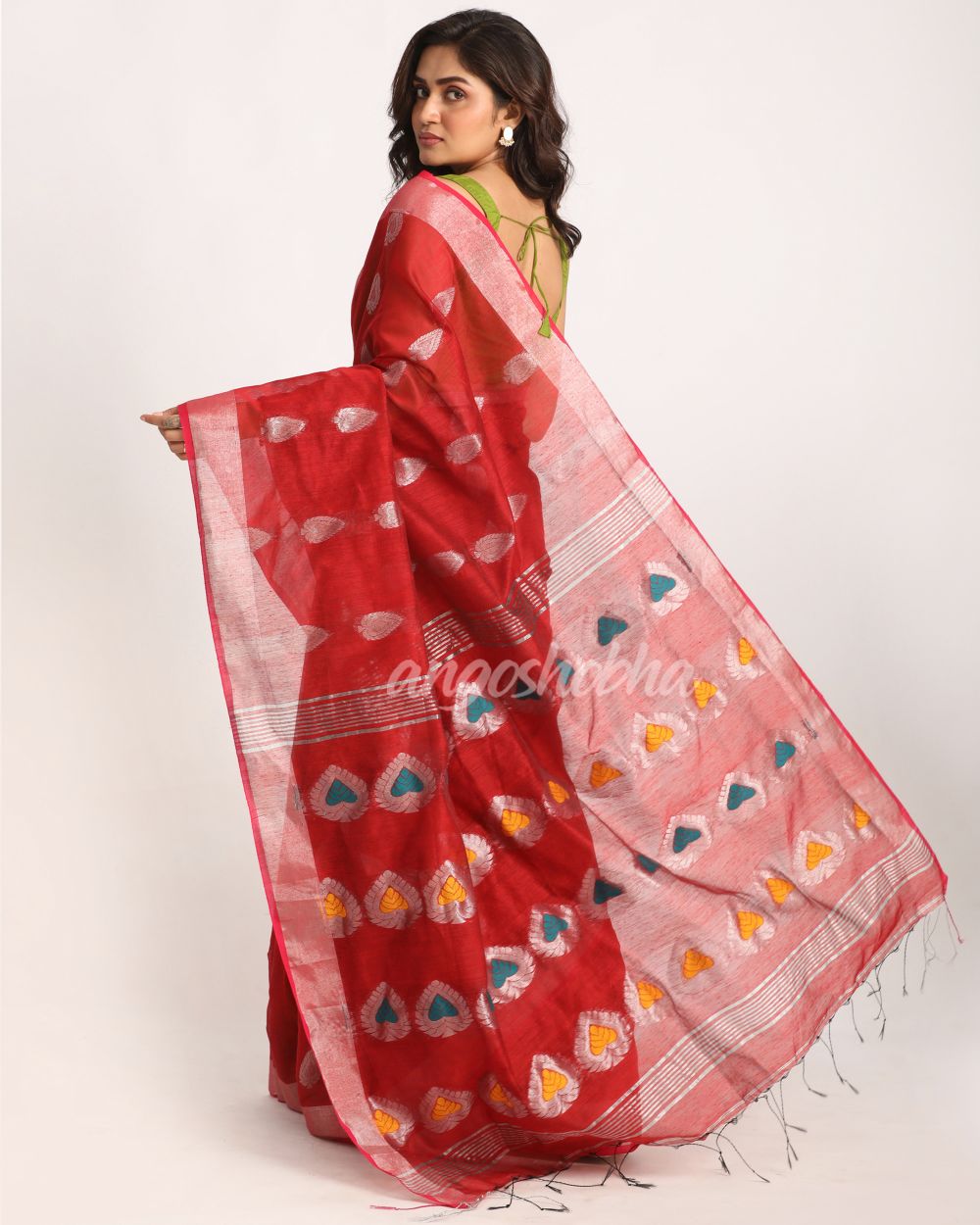 Red Cotton Blend Handloom Jamdani Saree angoshobha