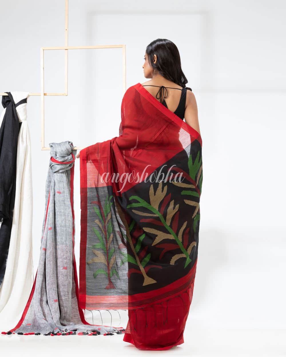 Red Cotton Blend Handloom Jamdani Saree angoshobha