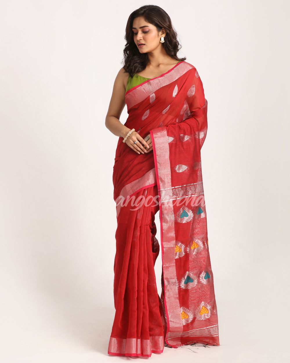 Red Cotton Blend Handloom Jamdani Saree angoshobha