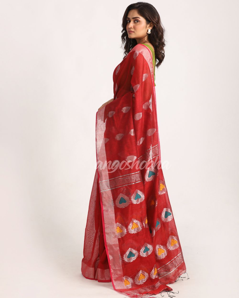 Red Cotton Blend Handloom Jamdani Saree angoshobha