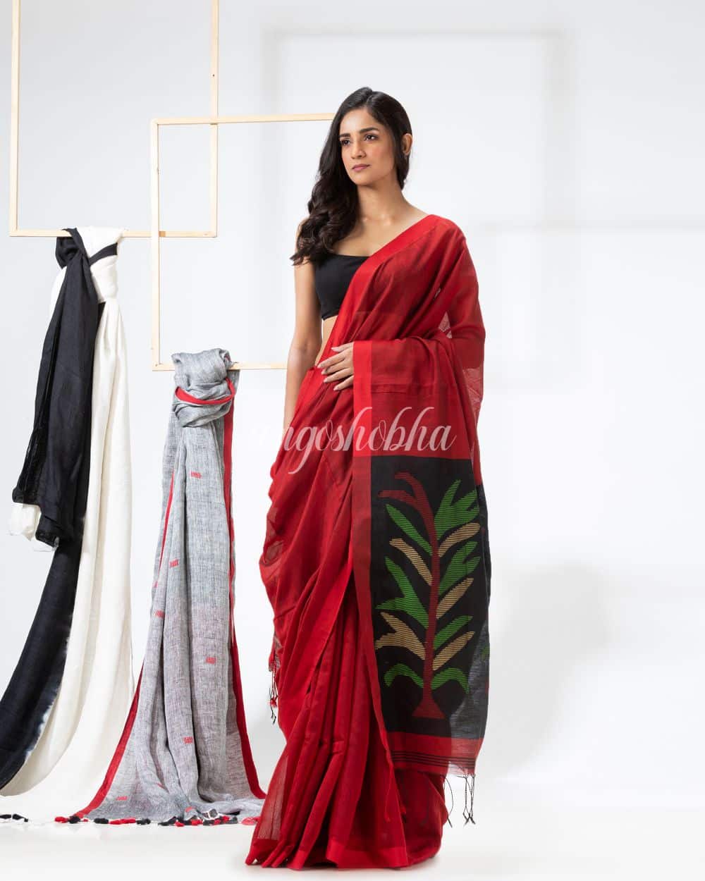 Red Cotton Blend Handloom Jamdani Saree angoshobha
