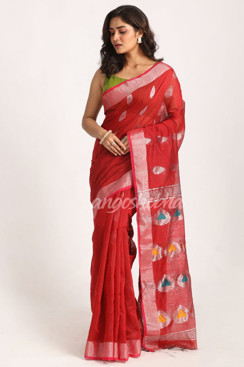 Red Cotton Blend Handloom Jamdani Saree