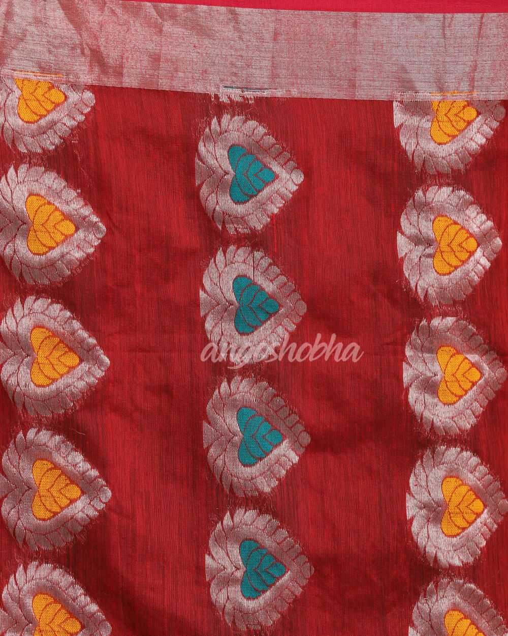 Red Cotton Blend Handloom Jamdani Saree angoshobha