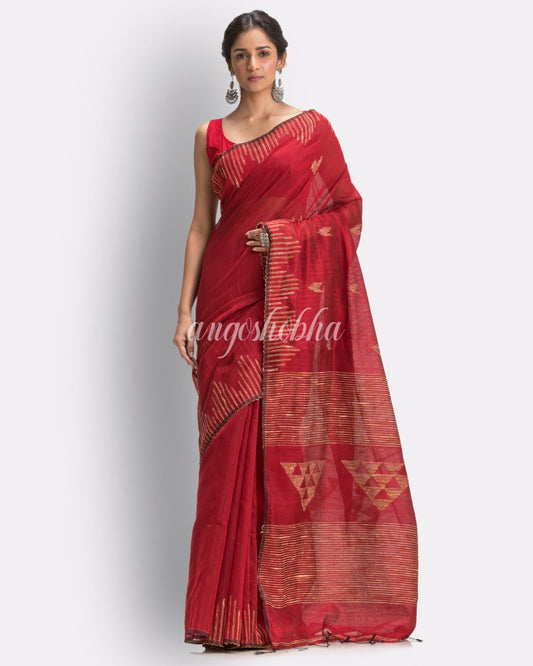 Red Cotton Blend Handloom Jamdani Saree angoshobha